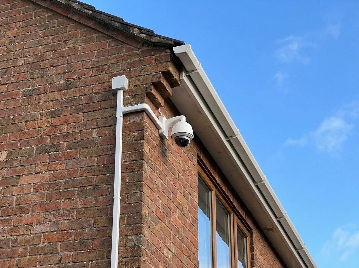 CCTV security camera mounted on an exterior brick wall with tidy cabling