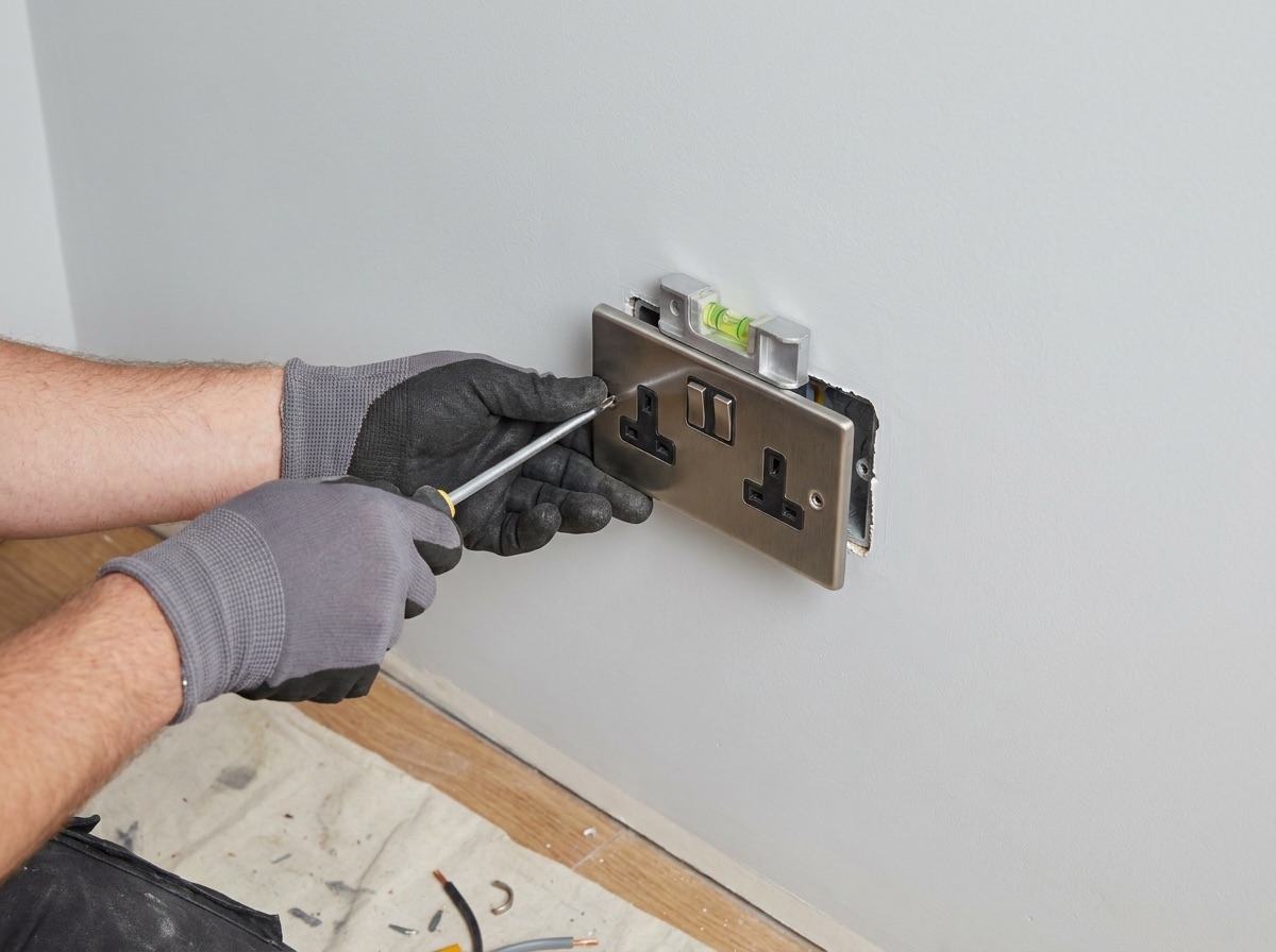 Brushed steel double socket being fitted neatly in a home