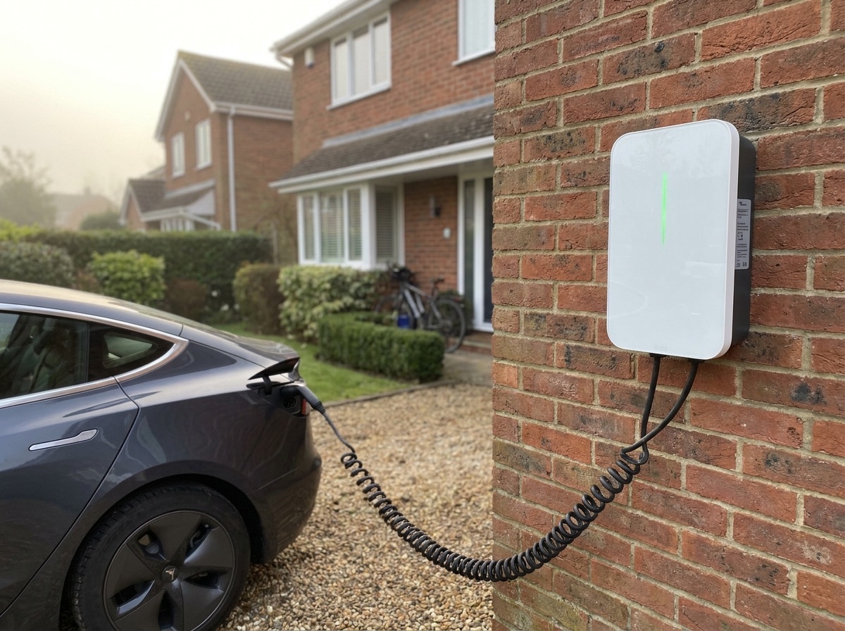 Wall-mounted EV charger installed on a brick wall of a home