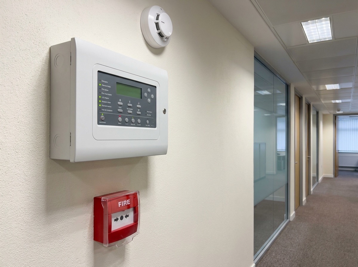Fire alarm panel, call point and smoke detector installation