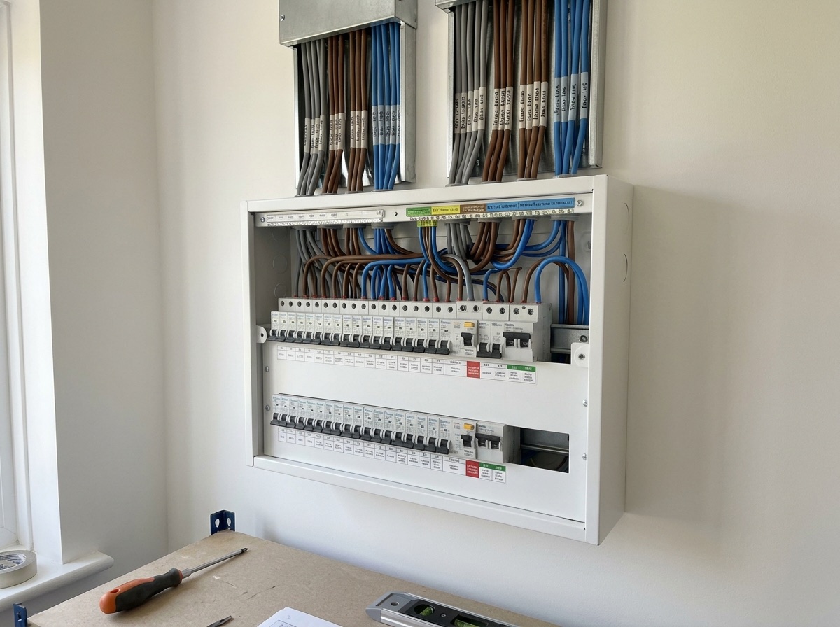 Neatly installed modern consumer unit with tidy cabling