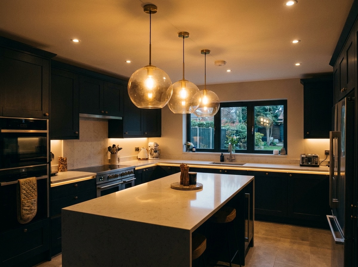 Modern kitchen lighting installation with downlights and pendants