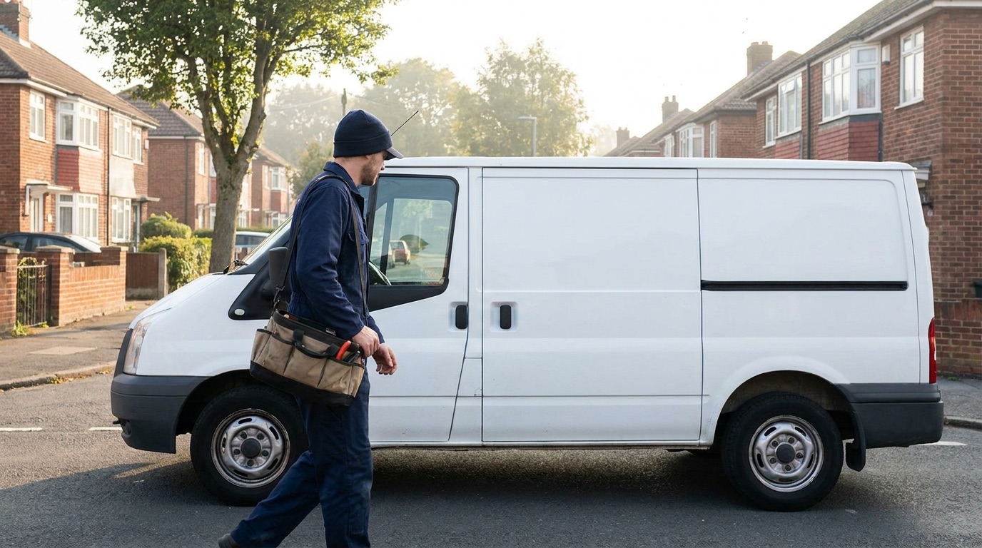 Electrician with tool bag heading to a job from a work van