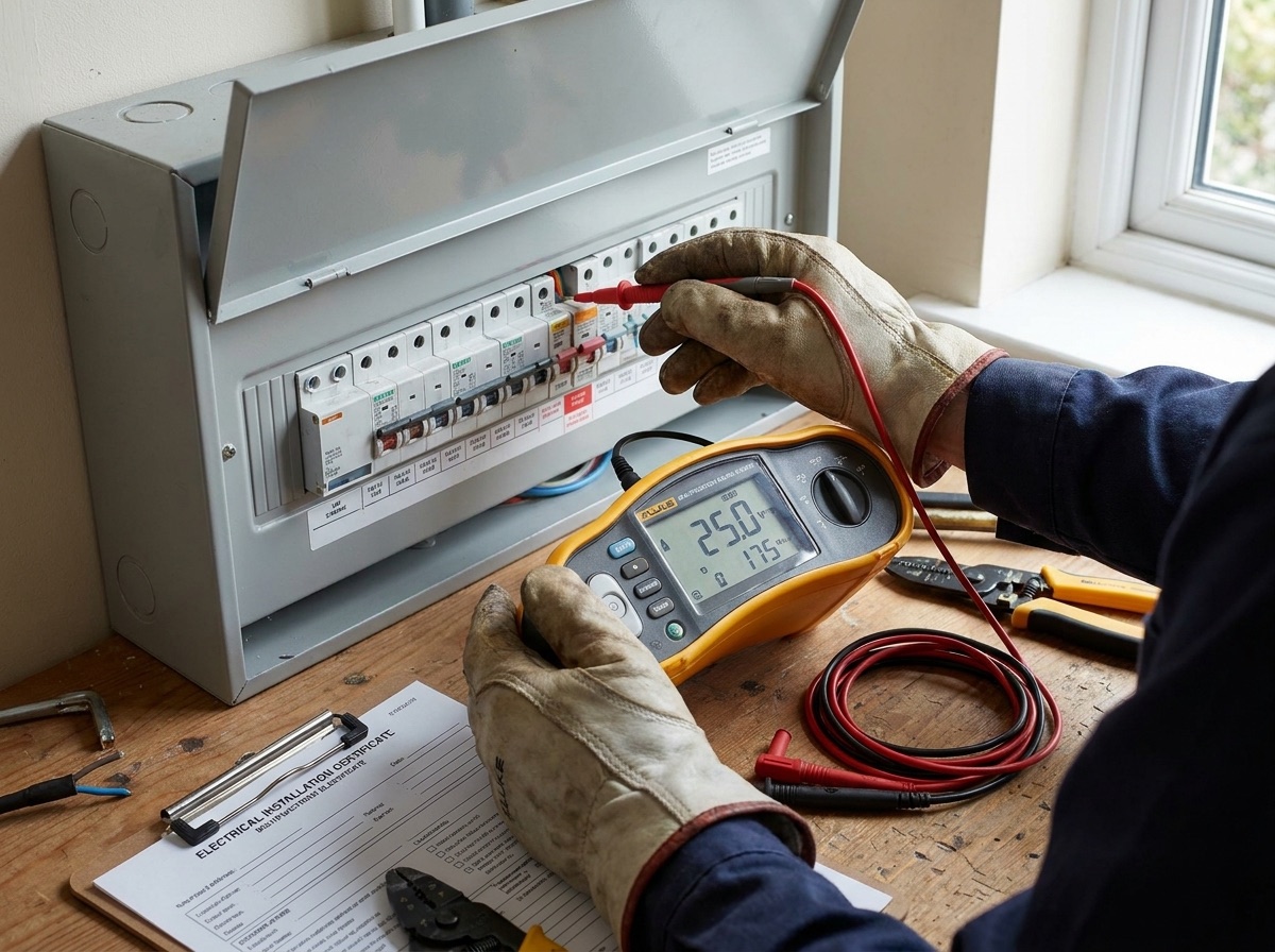 Electrician carrying out EICR testing on a consumer unit